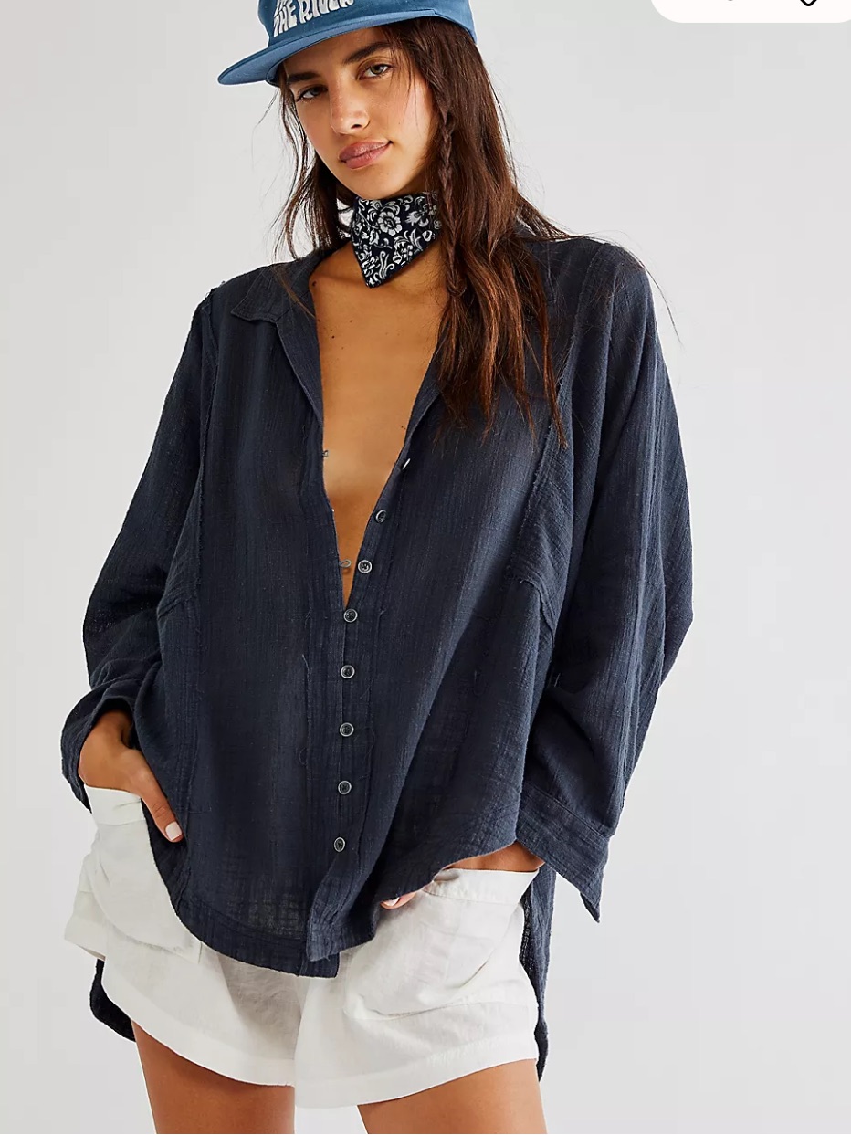 Free People We The Free Navy Cotton Gauze Raw Edge Button Down Shirt Xs 1737